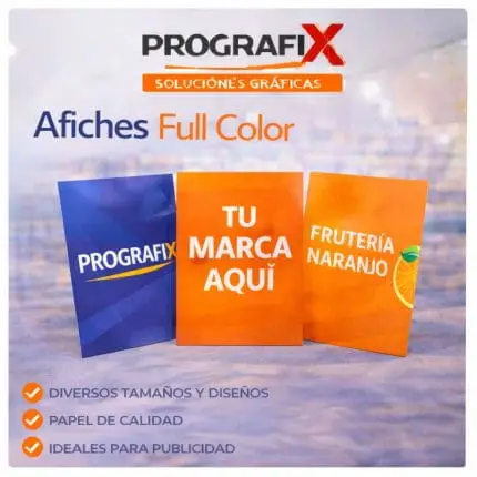 Afiches publicitarios impresos full color para promoción comercial.