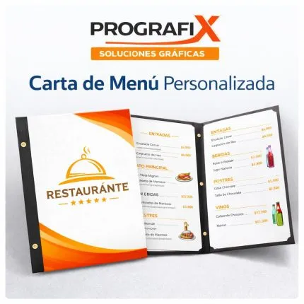Carta de menú personalizada para restaurantes impresa por Prografix.
