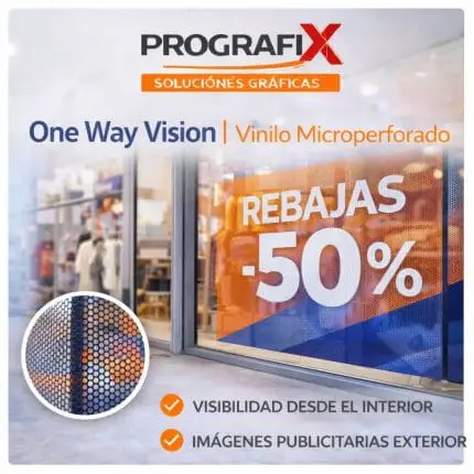 One Way Vision vinilo microperforado para ventanas y vitrinas impreso por Prografix.